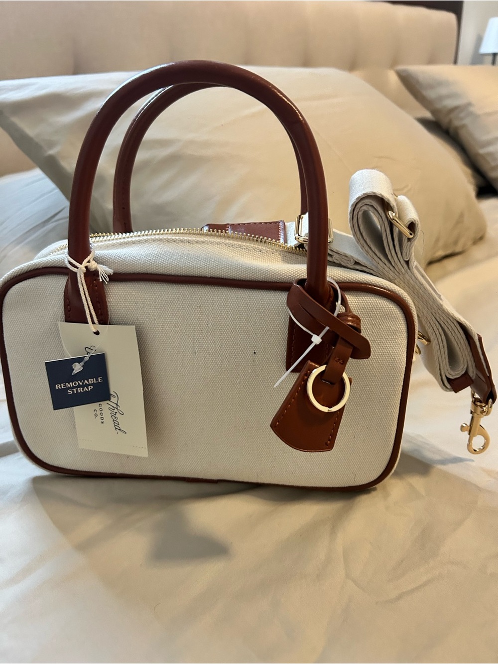 Canvas and Brown Leather Accent Women's Satchel with Removable Strap